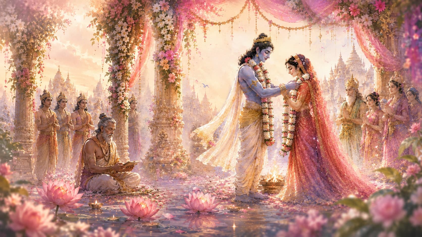Watercolor painting of Sri Rama garlanding Maa Sita at their sacred wedding in a flower-decked mandapa at golden sunrise